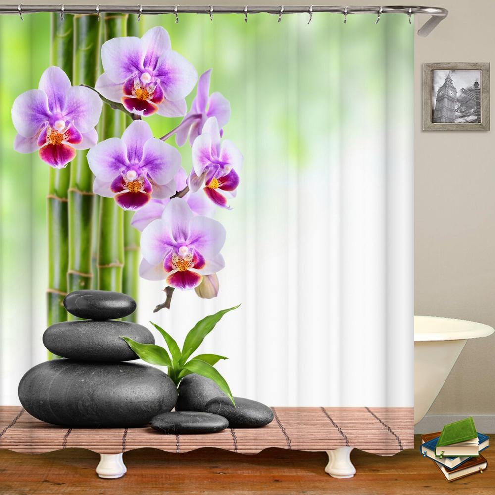 Zen Shower Curtain 3D Stone Running Water Flower Plant Shower Curtains Waterproof Mold Proof Curtain Washable Zen Shower Curtain