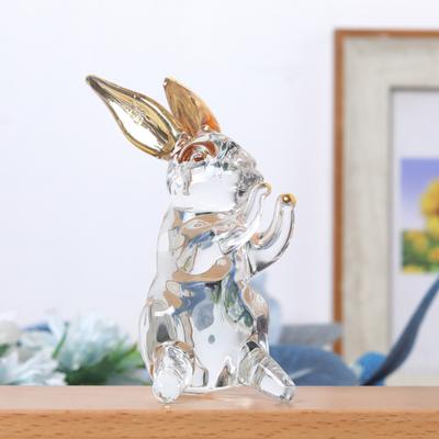 Glass Rabbit Figurine Clear Bunny Ornament with Stained Ears Collectible Bunny Centerpiece