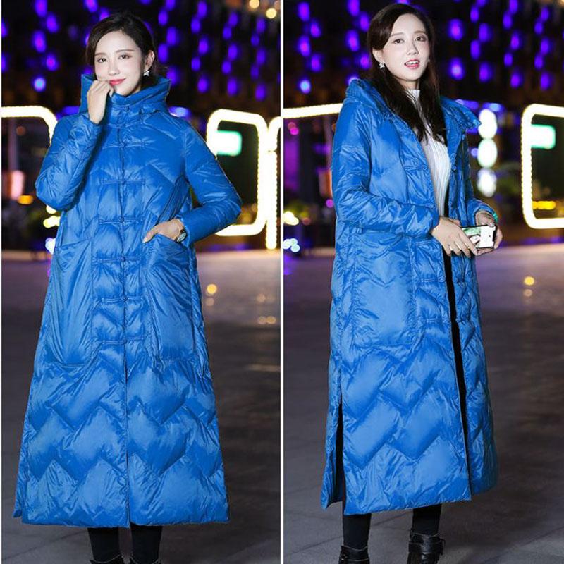 

Довгий пуховик Бавовняна куртка з ретро-літературним принтом і капюшоном Подовжена товста вільна вітровка з розрізами L синій