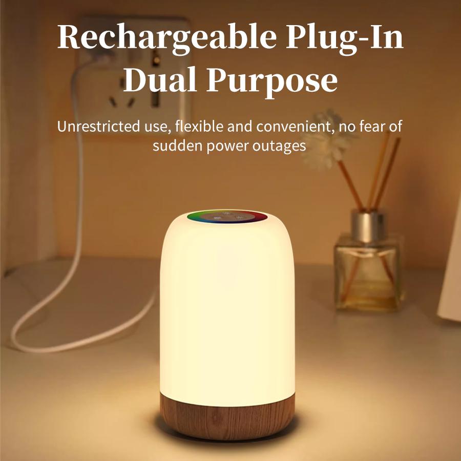 LED Touch Lamp with Dimmable RGB Colour Wood Grain Table Lamp Timing Function USB Rechargeable Night Light for Bedroom Kids Deco