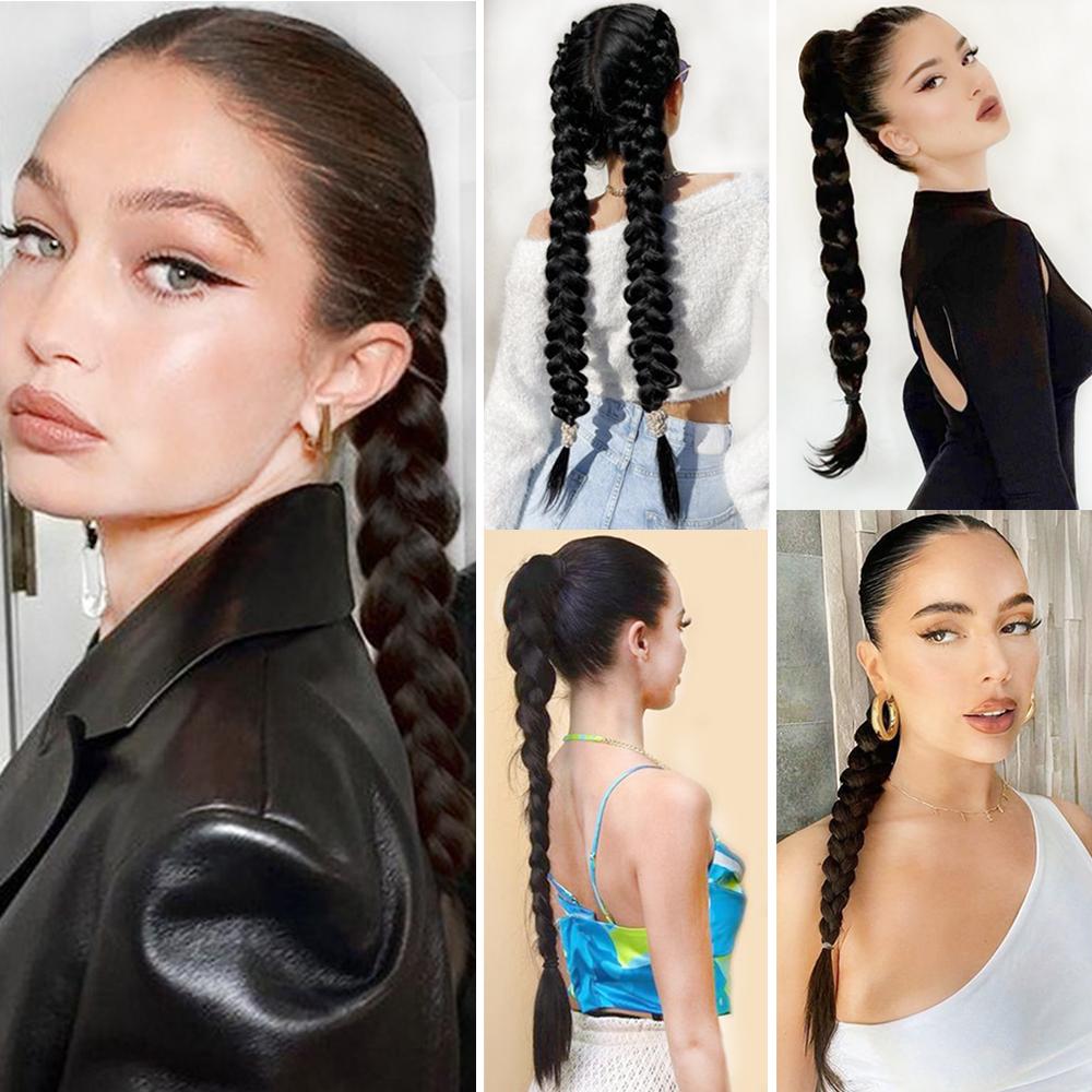 ??????Synthetic Long Braided Ponytail Extension Rubber Band Ponytail High Temperature Fiber For Women Party Wear KTB