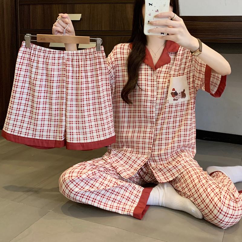 Contrasting Color Plaid Cloud Cotton Pajamas Women'S Summer Short-Sleeved Three-Piece Set Dachshund Dog Loungewear Can Be Worn Outside