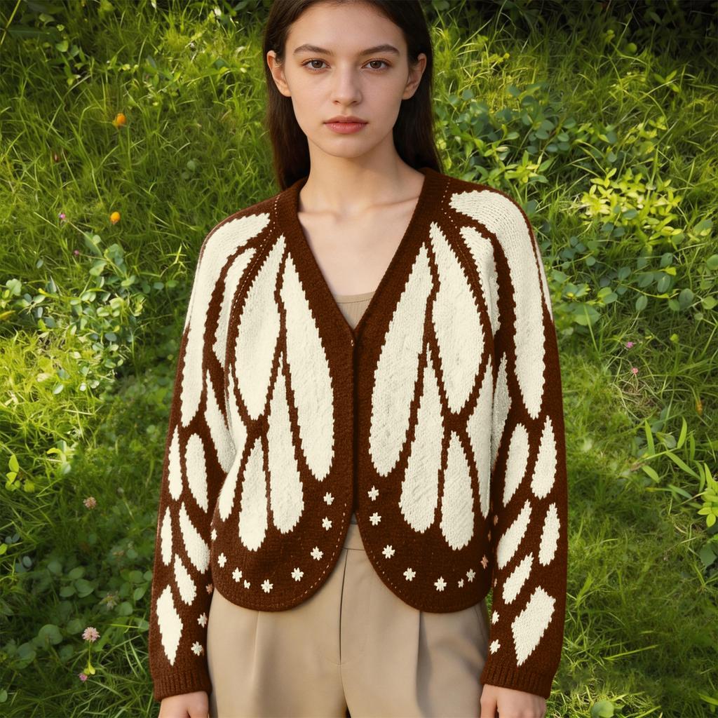 Women's Butterfly Colorblock Knit Cardigan with Sleeves - Loose Fit Casual Sweater for Fall and Winter