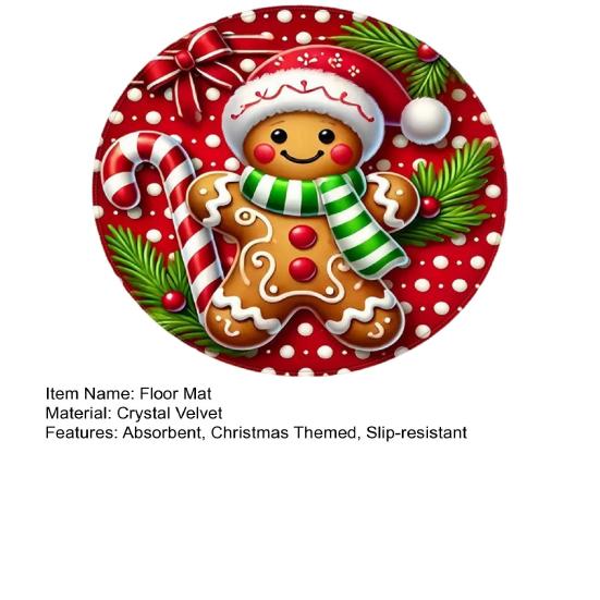 Christmas Floor Mat Round Santa Claus Xmas Area Rug Anti-Slip Absorbent Gingerbread Man Carpet for Festive Home Entrance Living Room Decor