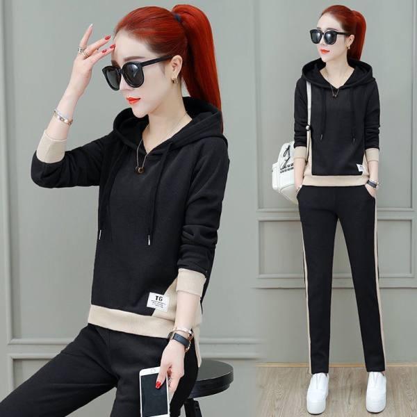 Casual Sportswear Set for Women - Spring/autumn Trendy, Loose-fitting, Fashionable Long-sleeved Hooded Pullover Set of Two Pieces