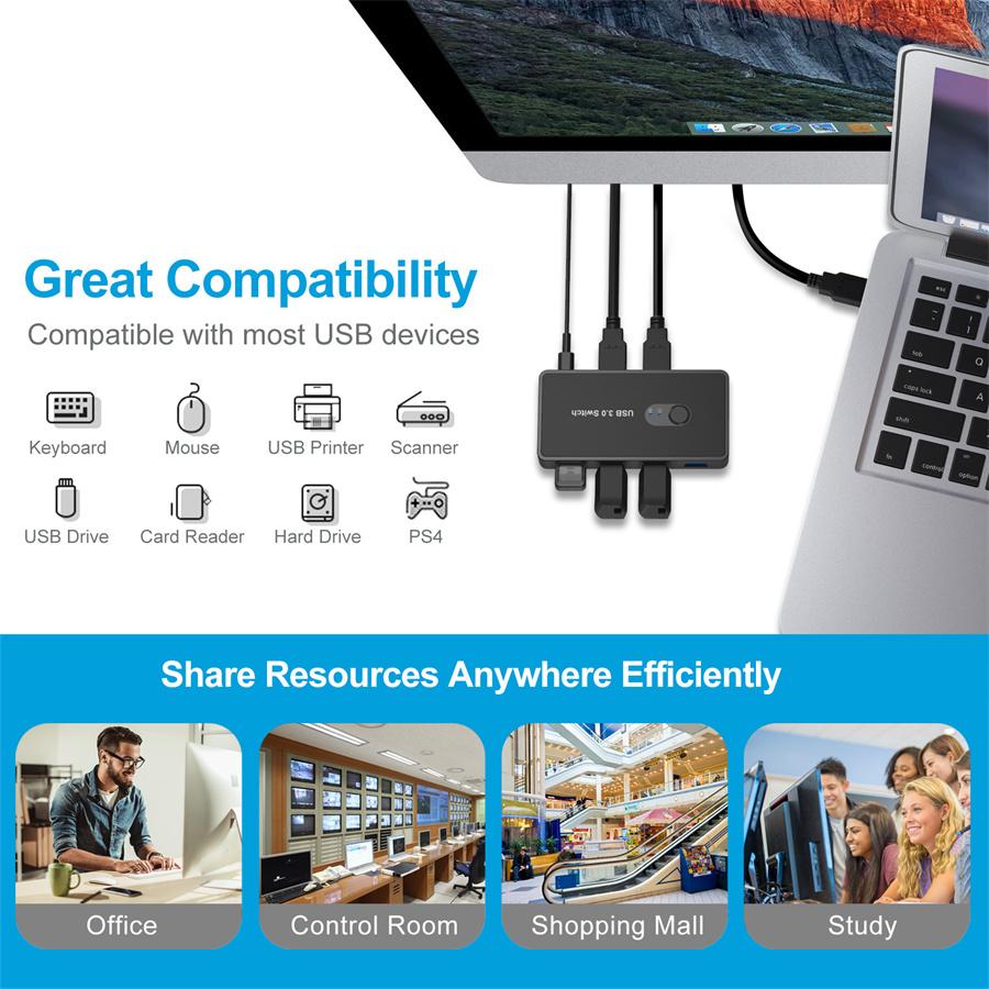 Switch USB 3.0 Switcher for PC Printer Scanner Mouse Keyboard  2 Computers Sharing 4 Devices USB Switch