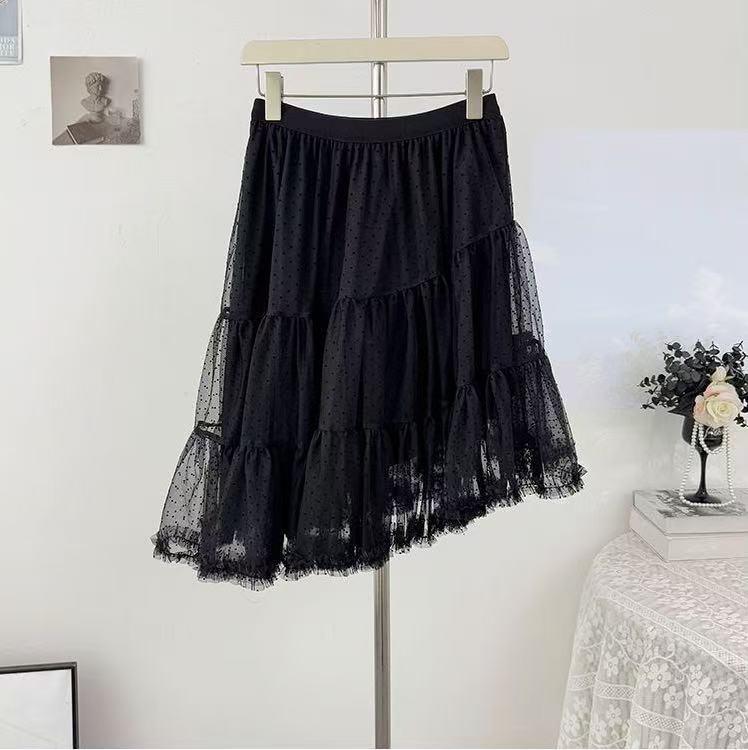 Spring French Polka Dot Mesh High Waist Irregular Midi Skirt One Size чёрный