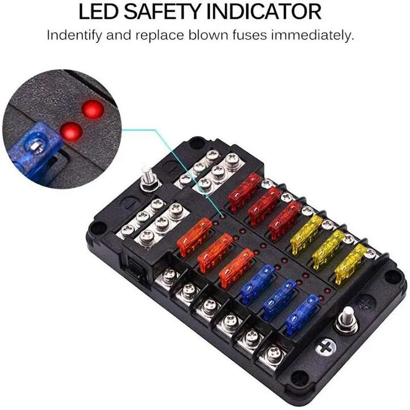 6-Way/12-Way Car Boat Blade Fuse Box Block Holder LED Indicator 12V 32V Auto Marine Waterproof Power Distribution Panel Board