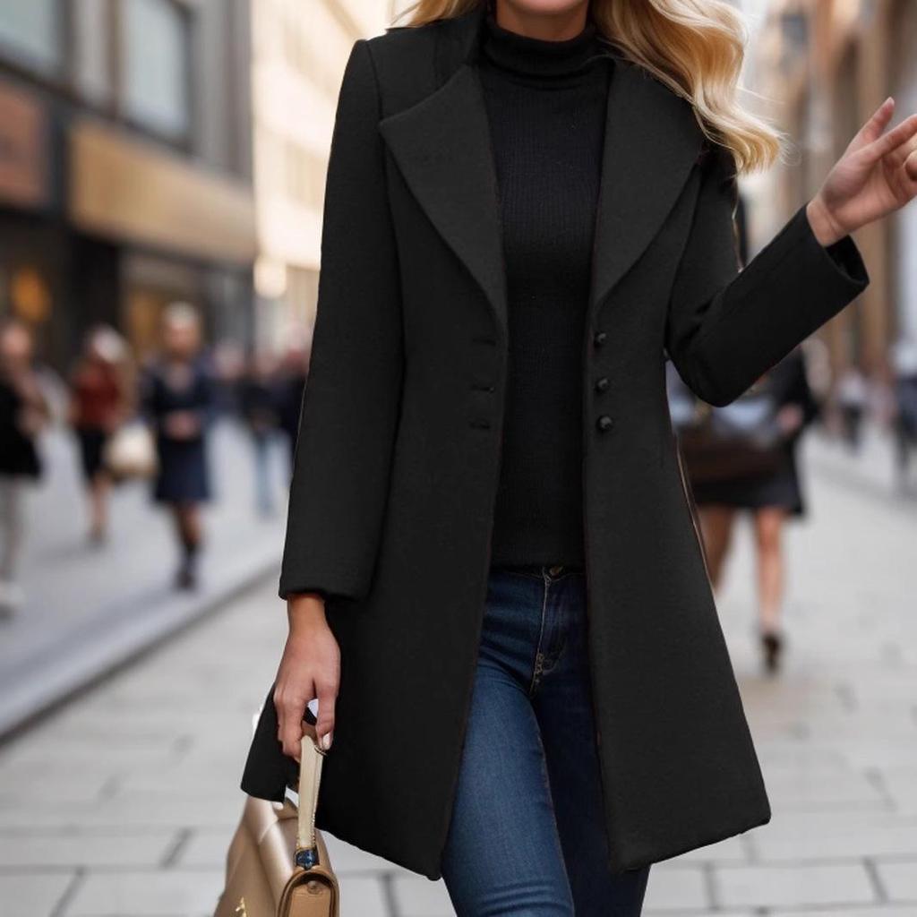 Women's Mid-Length Wool Coat with Turn-Down Collar - Slim-Fit, Solid Color, Casual Autumn/Winter Outerwear.
