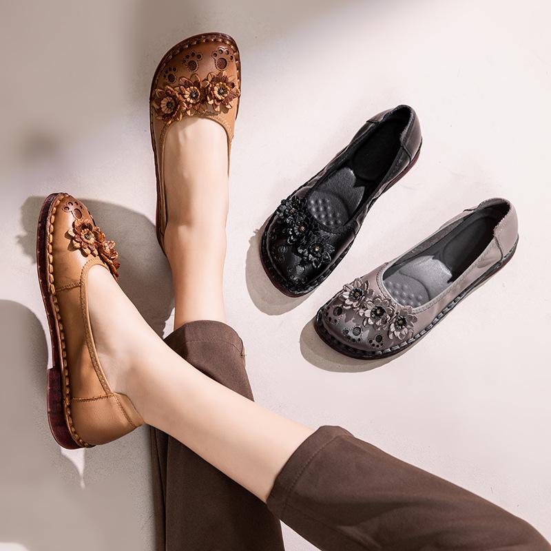 2cm Retro Flower Ladies Soft-soled Mother Shoes Spring and Autumn Middle-aged and Elderly Comfortable Shoe Women