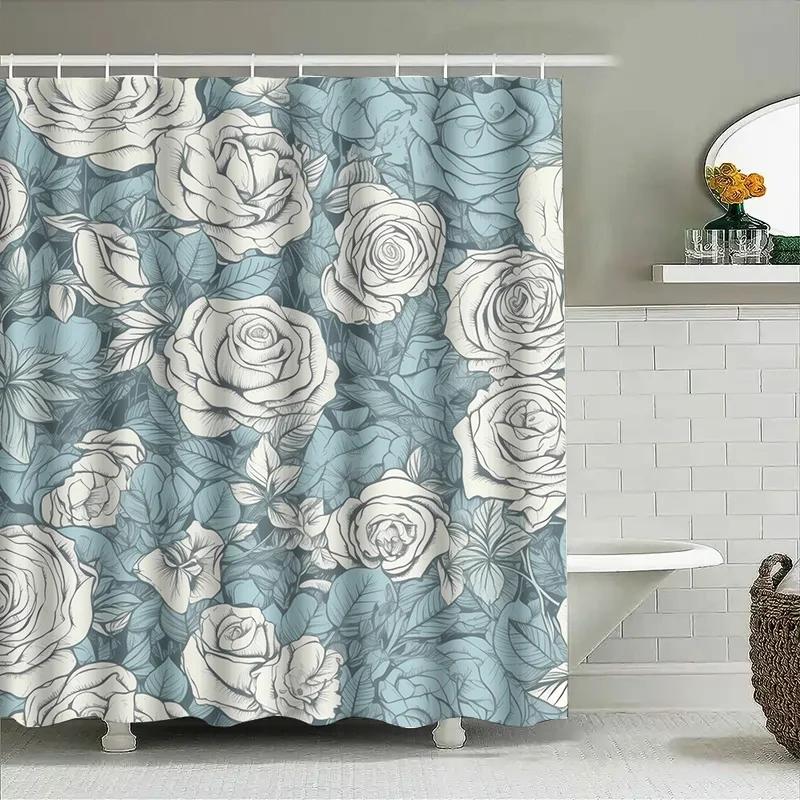 Floral Print Shower Curtain Waterproof Bathroom Decor Fabric Home Decoration Modern White Roses Blue Floral Printed Shower Curta