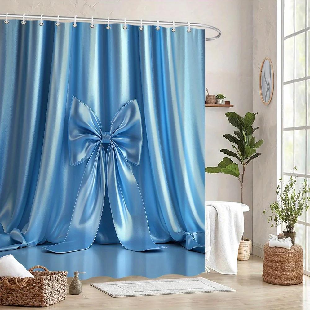 Elegant Light Blue Satin Bow Shower Curtain - Glossy Polyester Fabric, Machine Washable, Fashionable Bathroom Decor, 12 Hooks