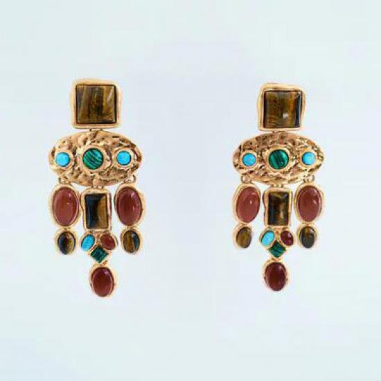 Baroque Luxury Vintage Mixed Gemstone Earrings, Geometric Pendant Dangle Earrings For Women