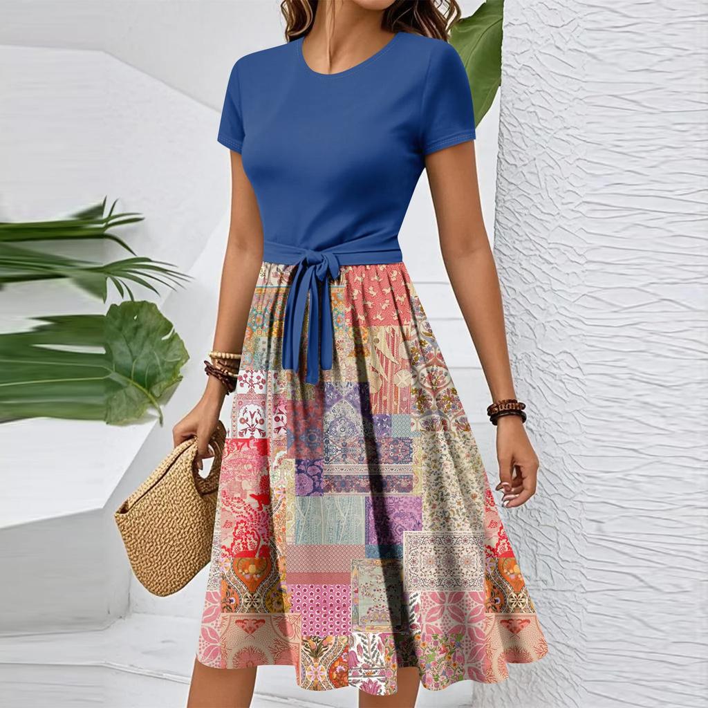 Damen Casual Mode Gürtel Vintage Bedruckt Kurzarm Rundhals Elegantes Kleid