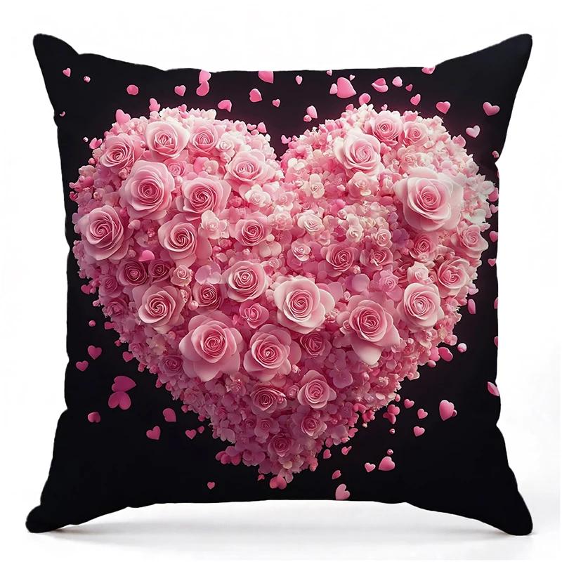 

Pink Rose and Heart Petal Printed Cushion Covers Square Polyester Pillowcase, Modern Sofa Decorative Cushion Cover 18x18Inch