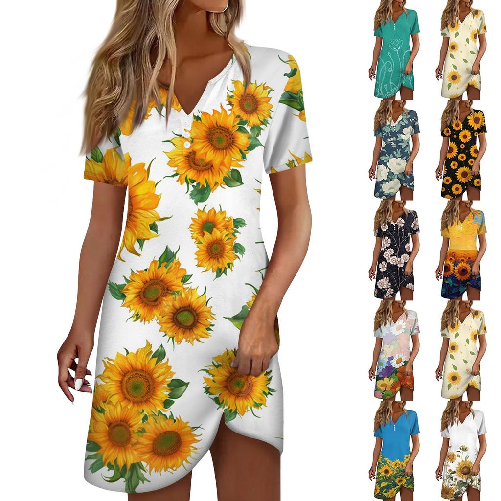 Women's Fashion Casual Printed Lapel Button Short Sleeve Clothing Straps Dress