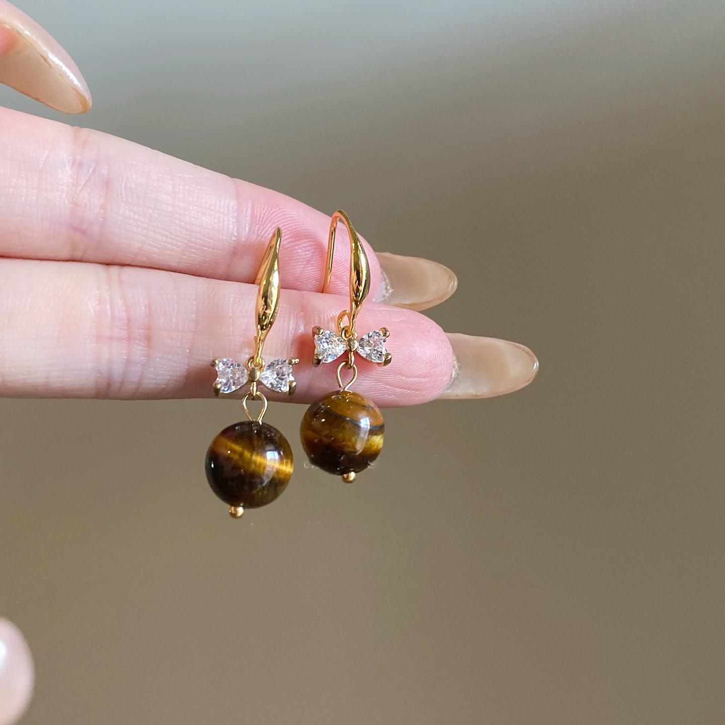 Серьги-бантики из серебра с кубическим цирконием и тигровым глазом: Ретро, Модные, Высококачественные серьги-гвоздики в форме капли воды