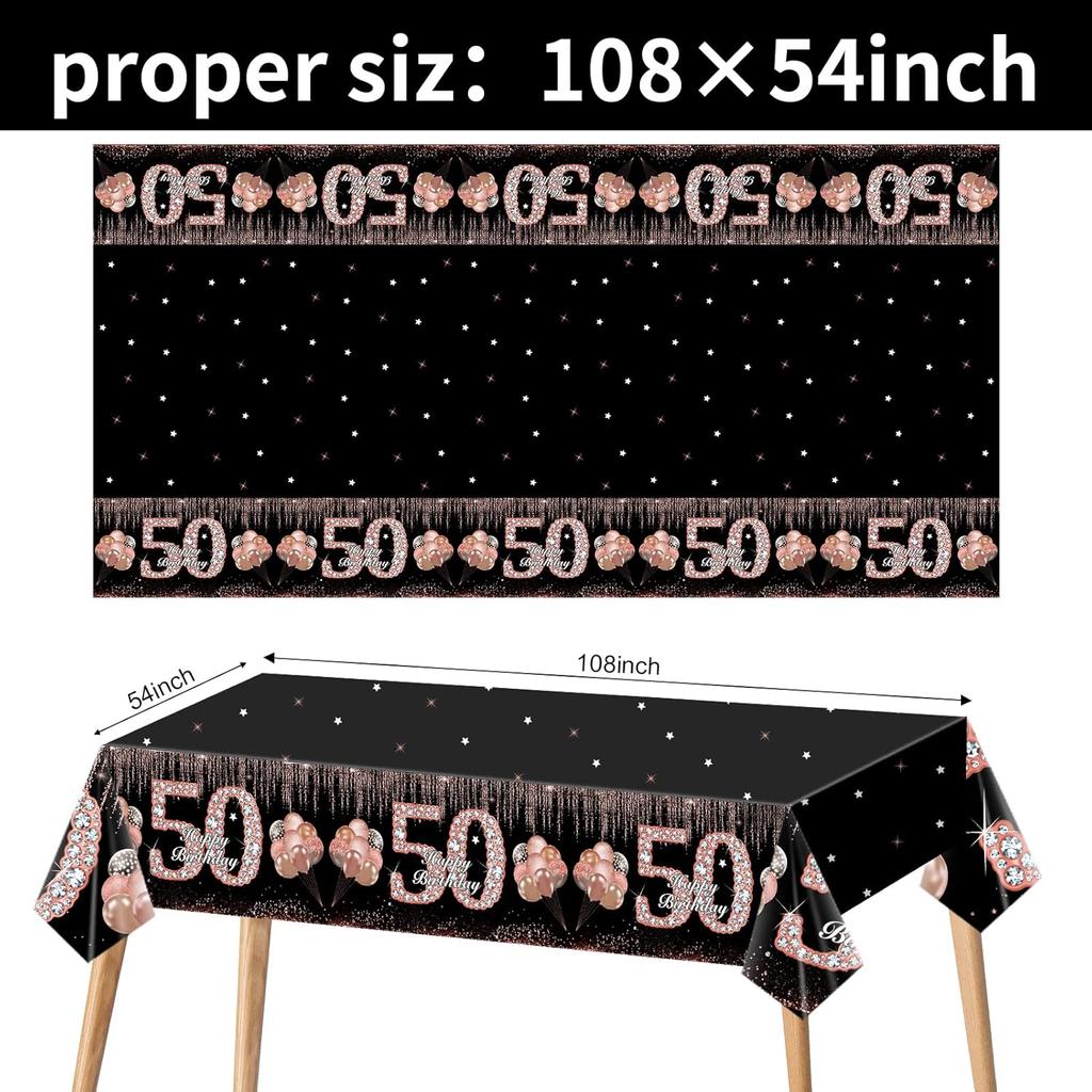Eiurteao 3Pcs 50th Birthday Tablecloth Decorations for Women, Rose Gold Happy 50 Birthday Theme Table Cover Party Supplies, Black Rose Gold Fifty