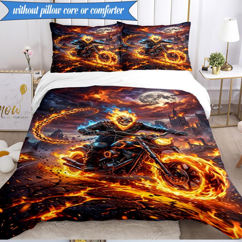 3PCS Ghost-Rider On Fire Bedding Set,Including 1pc Duvet Cover And 2pcs Pillowcases Perfect for Bedroom, Dormitory, Fan Christmas gift