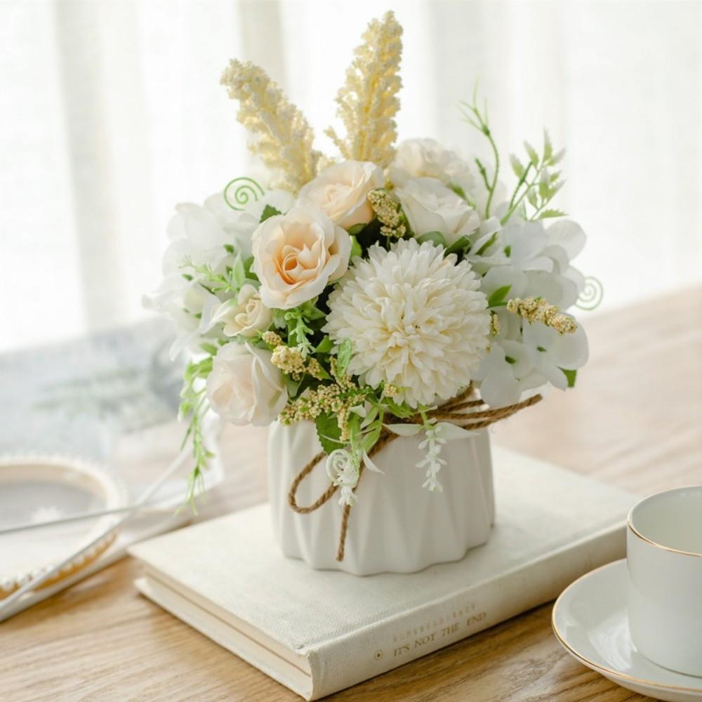 Nordic Fake Flowers with Vase Silk Variety Balls Ceramic Vase Artificial Faux Plants Hemp Rope Rose Artificial Pot Flower