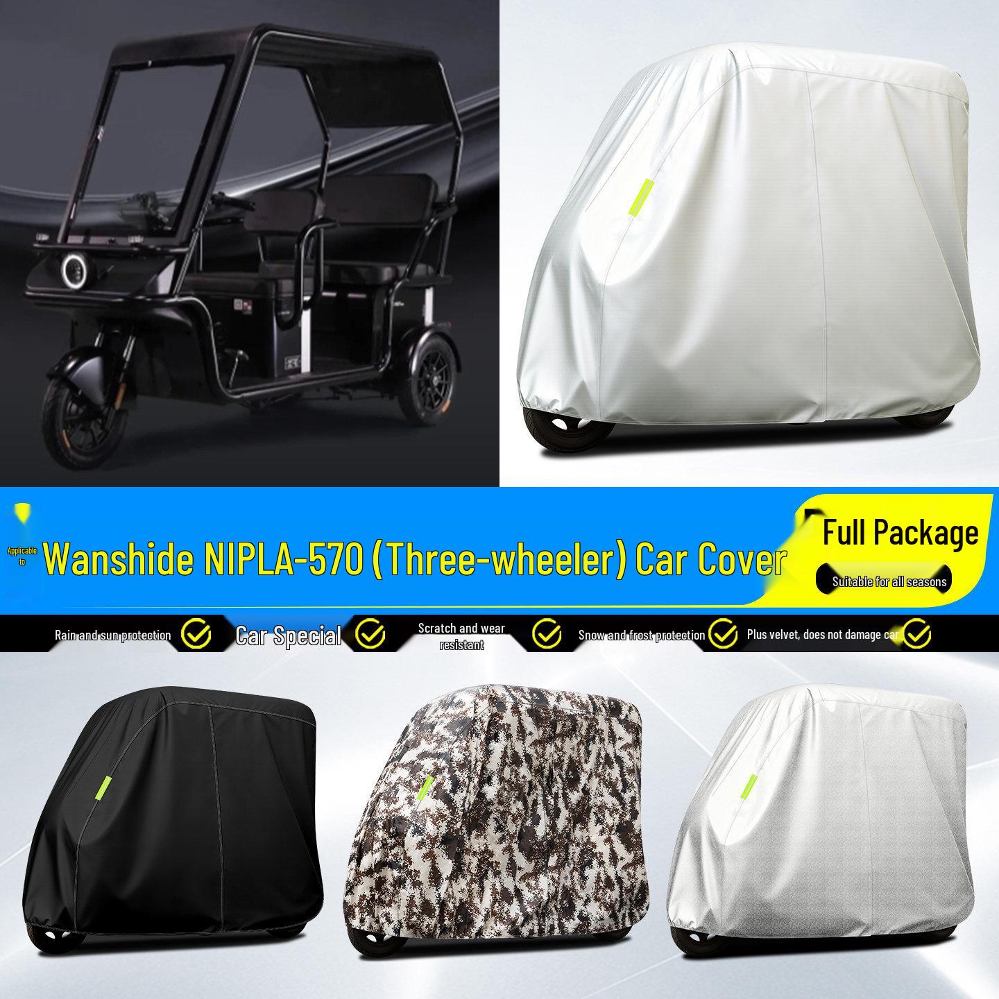 Wanshida NIPLA-570 Electric Tricycle Rainproof Canopy and Sun Protection Cover with Decorative Accessories Aluminum Silver Checkered Full Cover