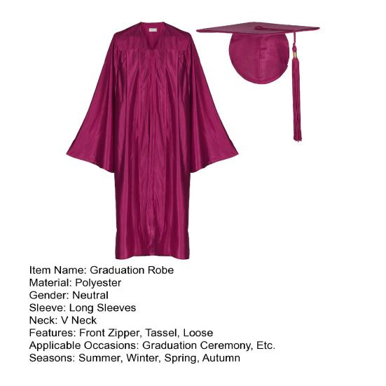 1 Set Unisex Graduation Robe Hat Set Front Zipper Loose V Neck Loose Tassel Year Tag College Bachelor Doctor Master