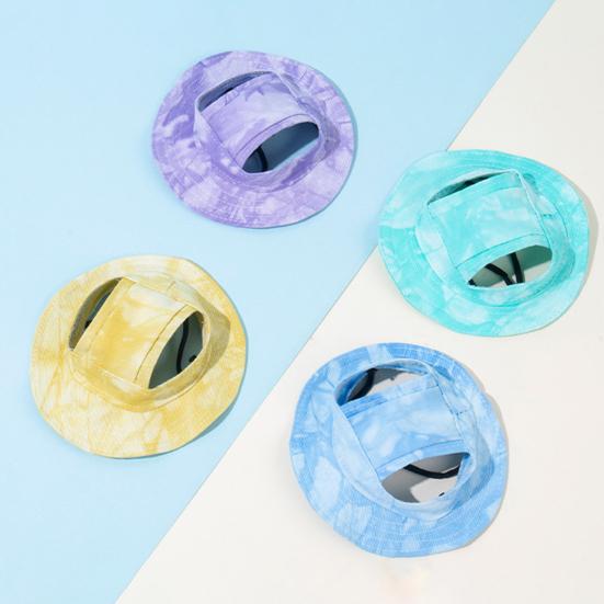 Pet Sun Hat Drawstring Adjustable Tie-Dye Denim Pet Hat Breathable Sun Protection Hat with Ear Holes for Dogs And Cats