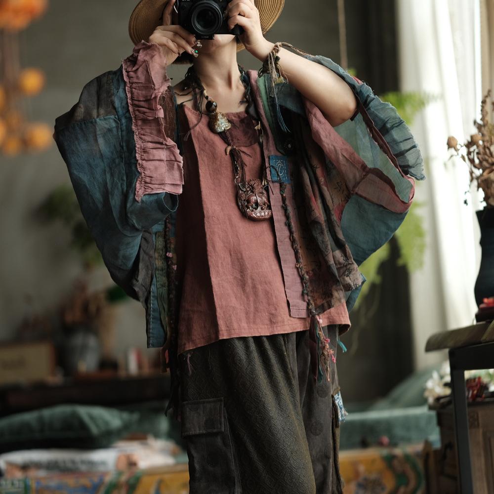 Johnature Women Vintage Patchwork Color Shirts Belt  Autumn Blouses Bat Sleeve Female Blouses Chinese Style Tops