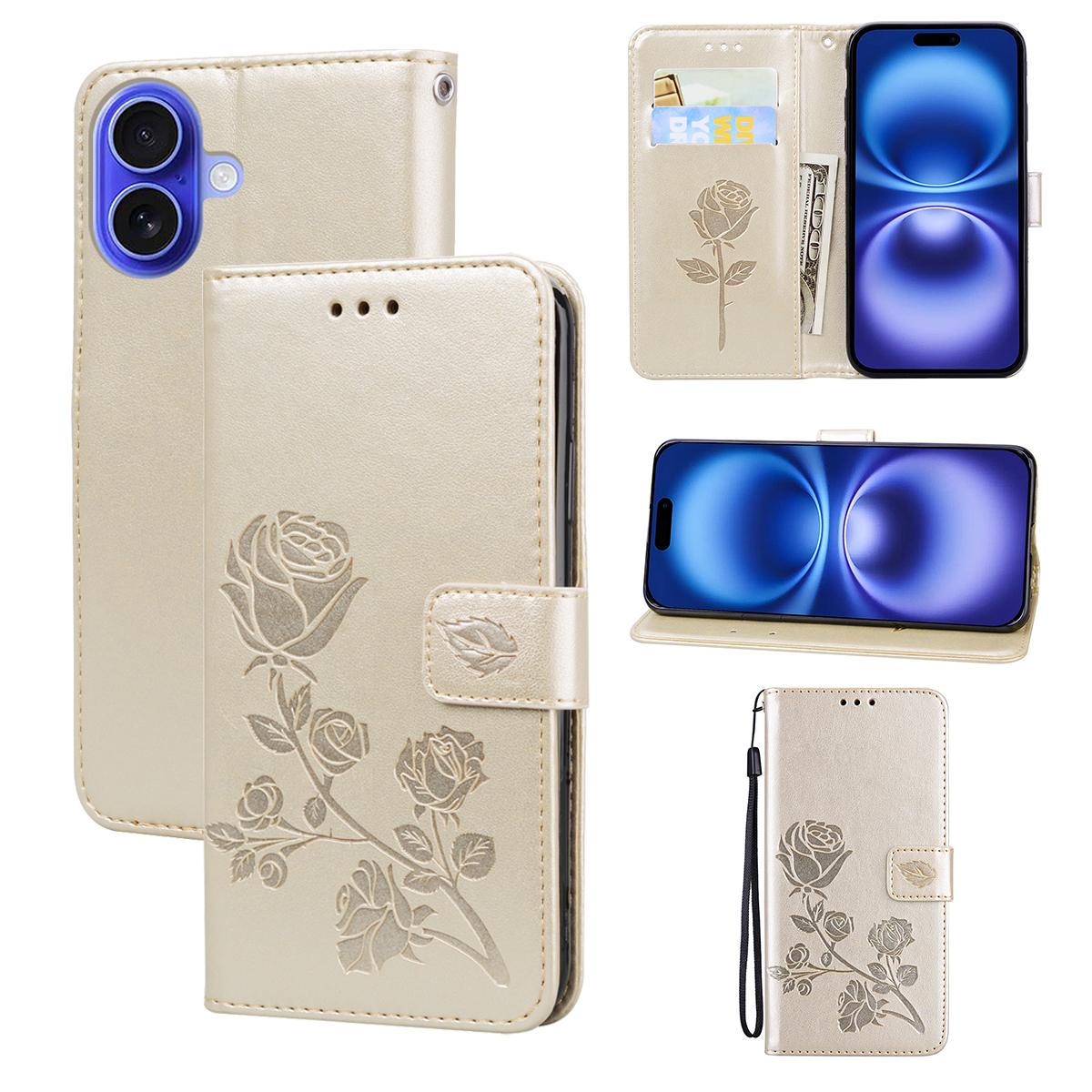 

For iPhone 16 Plus Case Rose Pattern Leather Wallet Phone Cover with Strap Gold