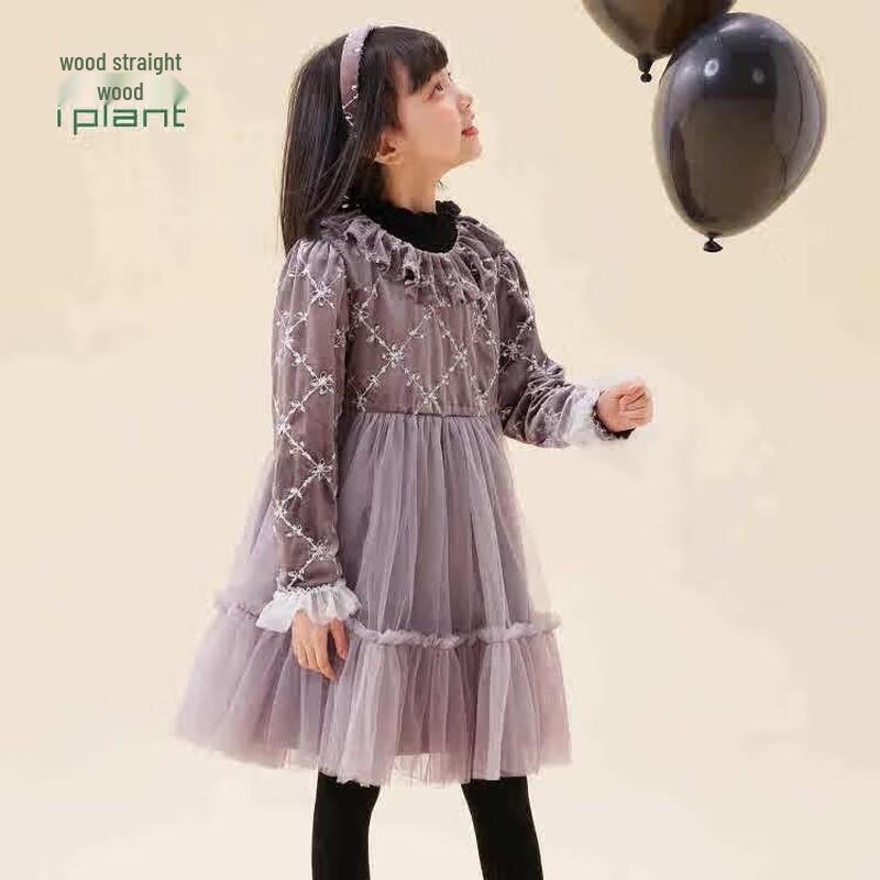

Zhimu Kids Velvet Mesh Ruffle Collar Embroidered Girls Dress 130