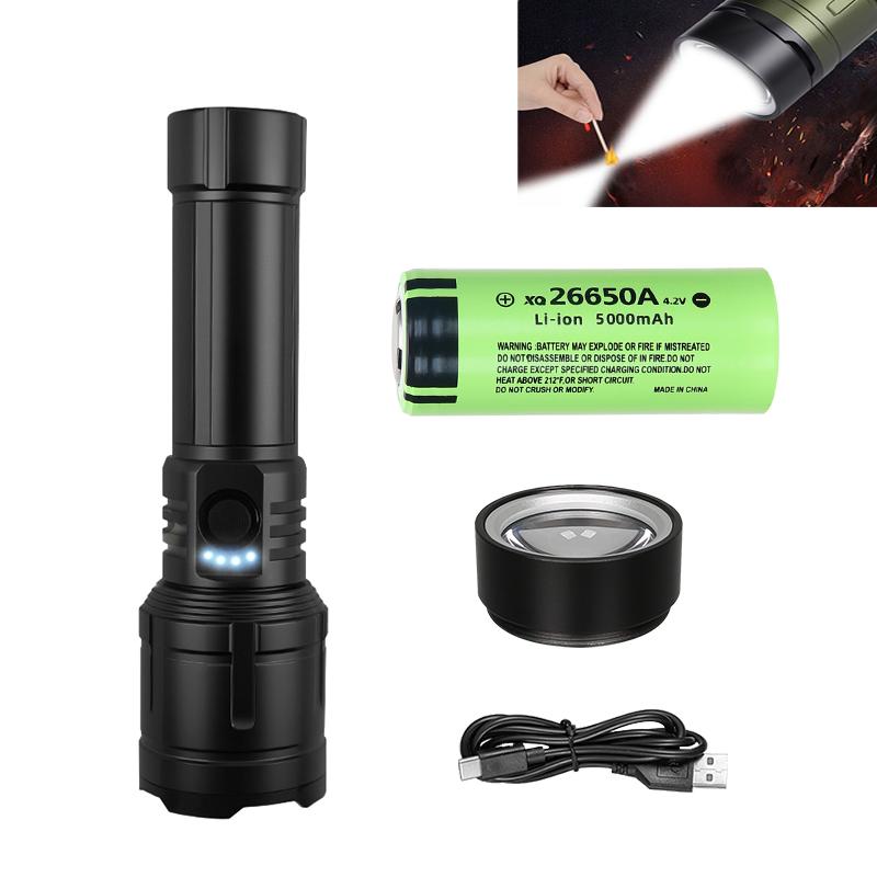Powerful LED Flashlight USB C Rechargeable with Fresnel Lens Flashlight Super Bright Aluminum Zoom Torch Emergency Power Bank