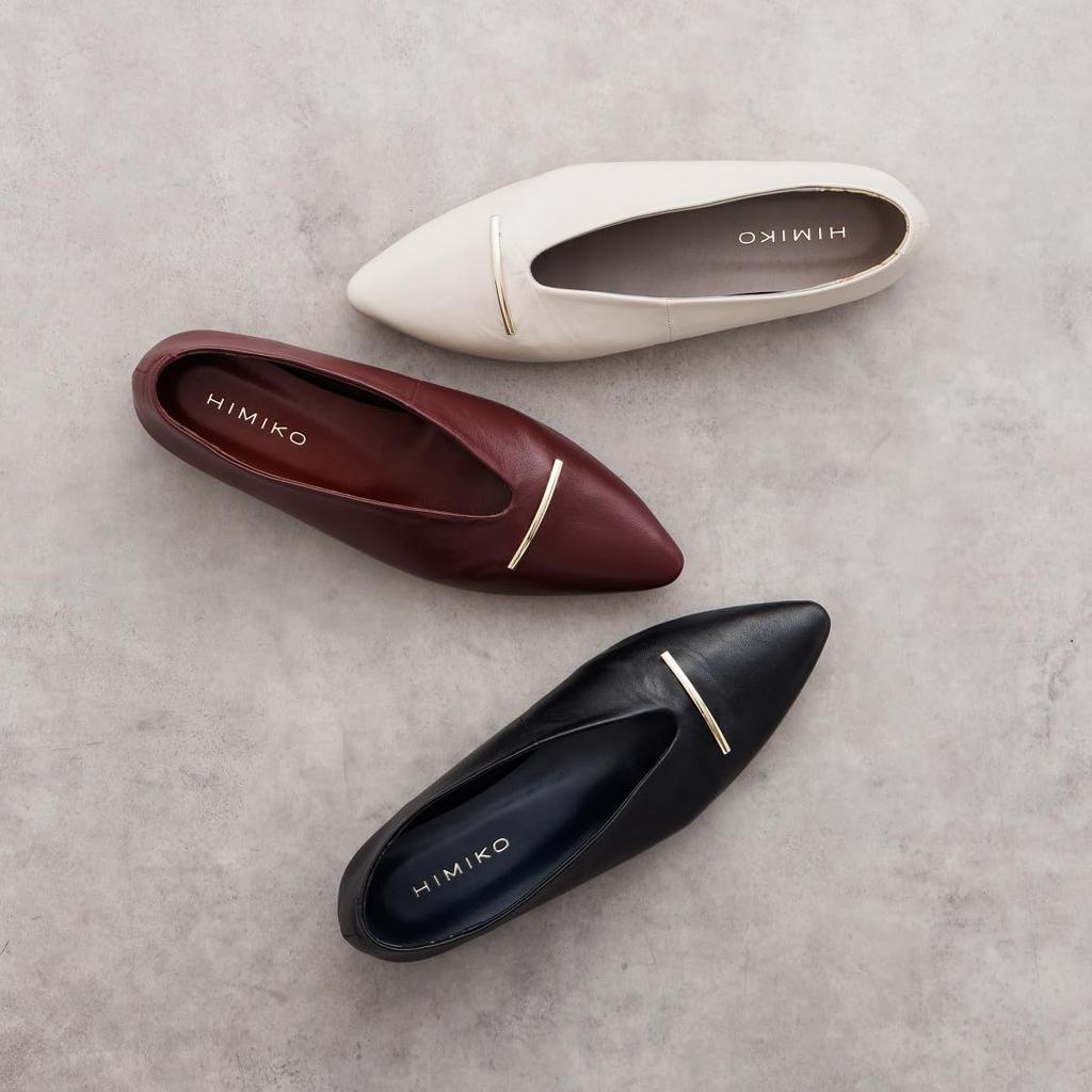 HIMIKO Metal Bar Flat Pumps, Genuine Leather with Soft Cushioning, Black, Size 235 (Product Code: 651303)