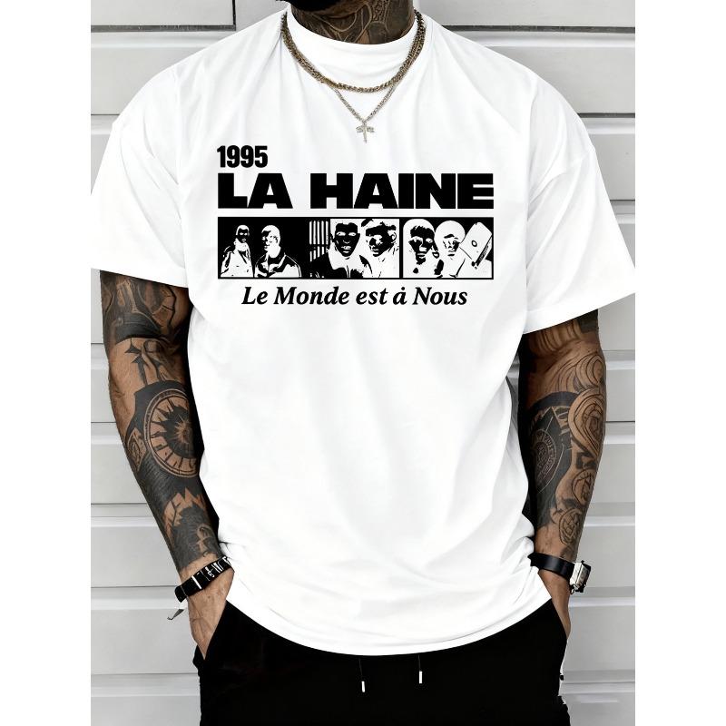 European sizes Men'S Casual Summer Short-Sleeve Round Neck Top Featuring a 1995 'LA Haine' Movie Theme Print, in a Classic Black And White Style
