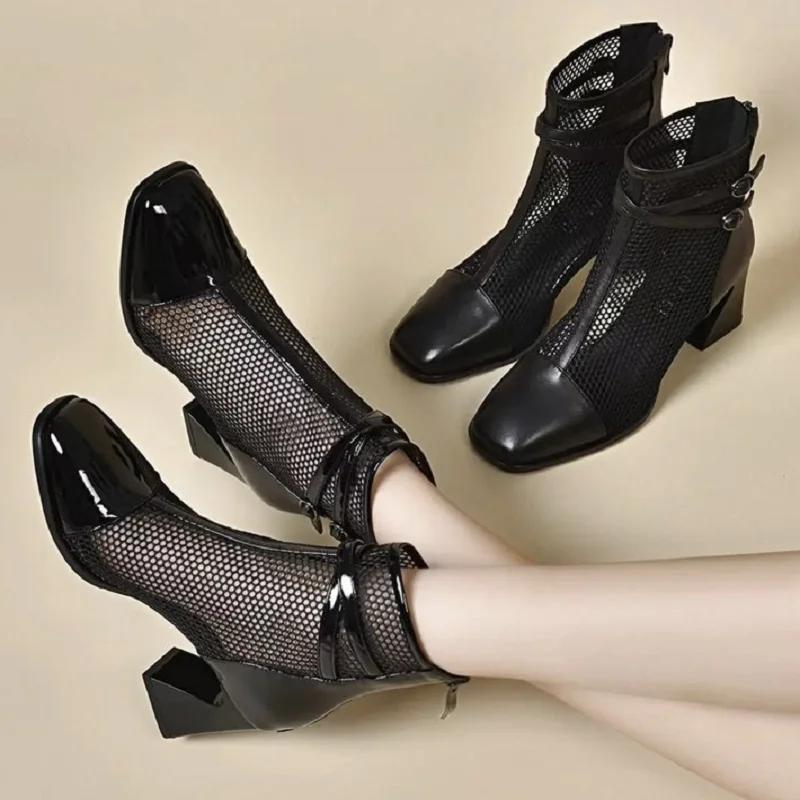 2026 Summer Fashion Women's Hollow-out Mesh Short Boots - Patent Leather Pointed Toe Chunky Heel Breathable Shoes