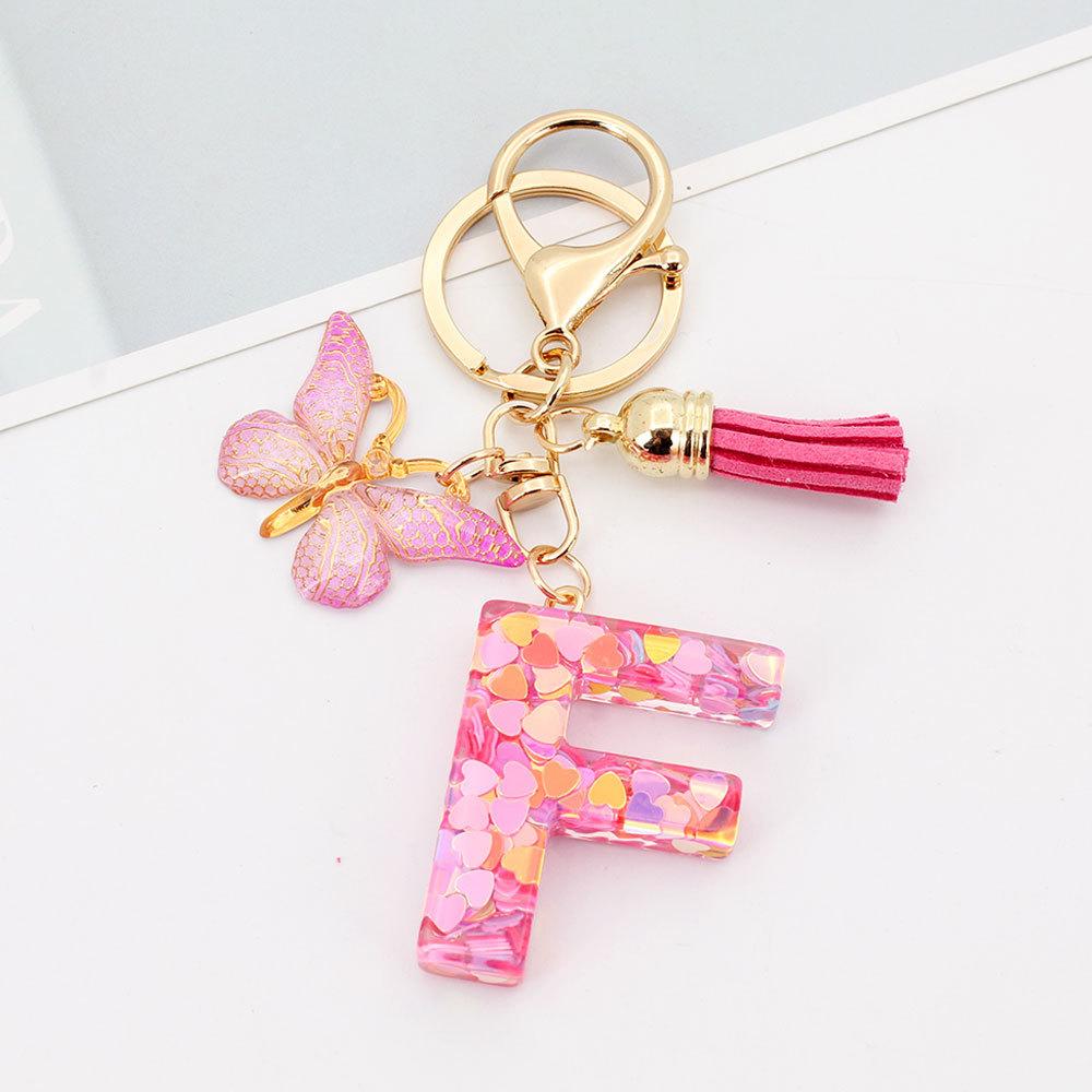 Fashion A-Z Letters Acrylic Keychain for Women Pink Butterfly Tassel Alphabet Car Key Ring Bag Charms Accessories Gift Jewelry
