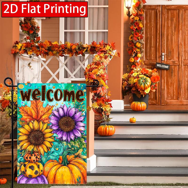 2D Flat, 2D FlatHappy Autumn Garden Flag Autumn Farmhouse Pumpkin Thanksgiving Welcome Garden Flag_2-28x40 Inch Outdoor Garden Flag Double-sided Home