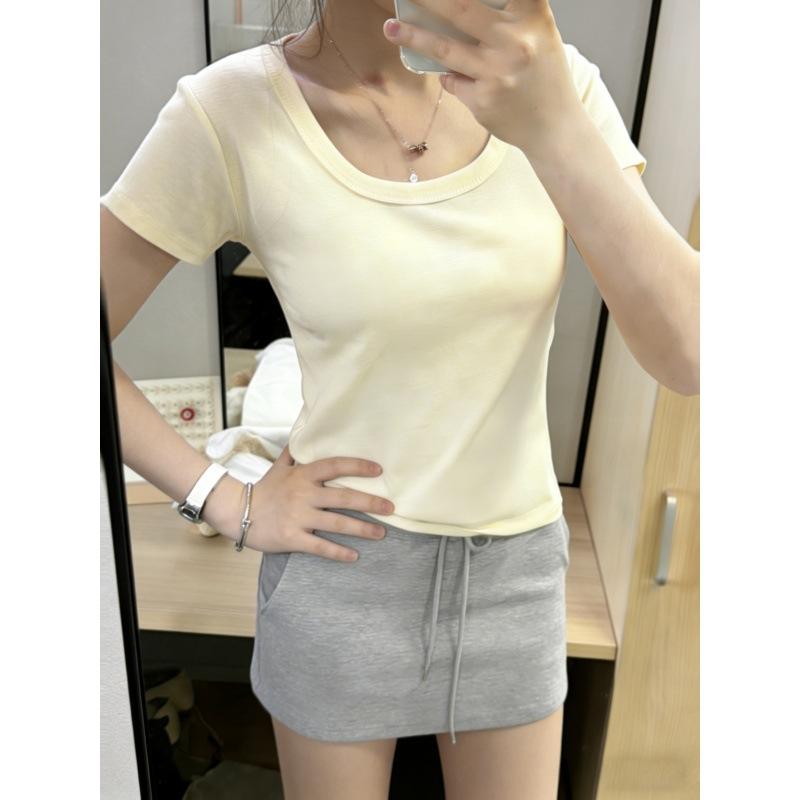 U-neck cotton short-sleeved T-shirt women's summer new solid color slim-fitting and thin shoulder low-neck top