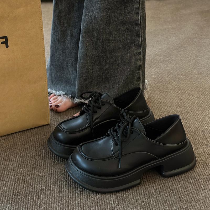 

Loafers women s 2025 new round head lace-up versatile small leather shoes genuine leather British style muffin platform single shoes women 35