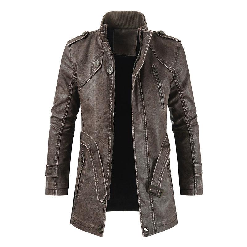 Jachetă de Iarnă din Piele cu Fleece Gros pentru Bărbați Palton Lung Îmbrăcăminte Exterioară Modă Caldă Casual Vintage pentru Bărbați Steampunk Biker