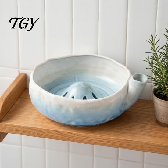 Drainage Bowl for Fresh Fruit Ceramic Berry Washing with Hole, Easy Clean Kitchen Strainer Glazed Basket Bowl, Compact Self Rinsing Serve And