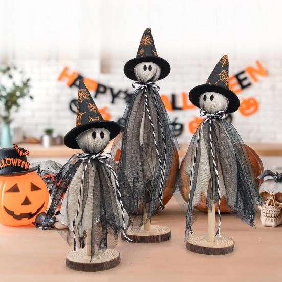 3Pcs Ghost Ornaments Wooden Halloween Decorations Adorable Shape Fabric Ghost Figures Table Decor Party Supplies