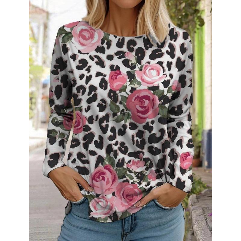 Spring And Autumn Long Sleeve Lip Print Leopard Printed T-Shirts Women Basic Casual Tops Female Loose Round Neck Tees Clothing