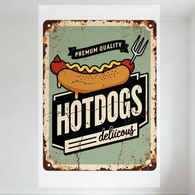 

Vintage Hot Dog Metal Tin Sign, Premium Quality Hotdogs Delicious Rustic Decor, Retro Rust Spots Green Background for Café Bar M 20x30cm（7.8x11.8inch）