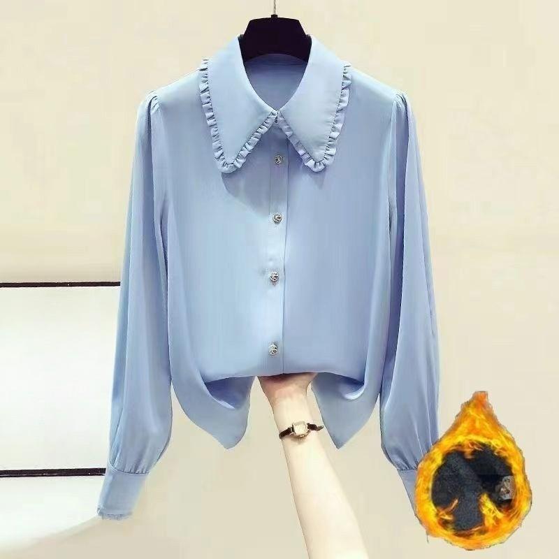 Fleece Shirt for Women's Autumn and Winter Fashion, Youthful Chiffon Shirt, Baby Collar, Belt-covering Shirt, Stylish Top