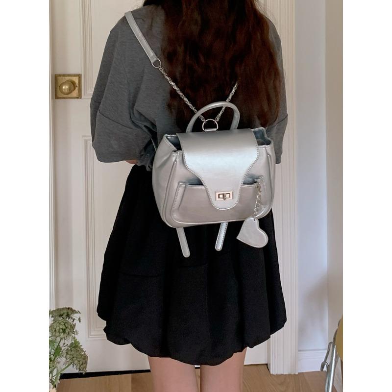 Korean New Niche Women's Bag Fashionable Oily Leather Silver Chain Backpack Simple Handbag Casual Backpack Trendy