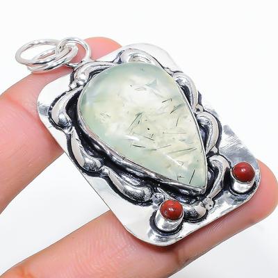 Φυσικός Πρενίτης πολύτιμος λίθος Χειροποίητο 925 Ασήμι Στερλίνα Κρεμαστό 2.29" e5i74