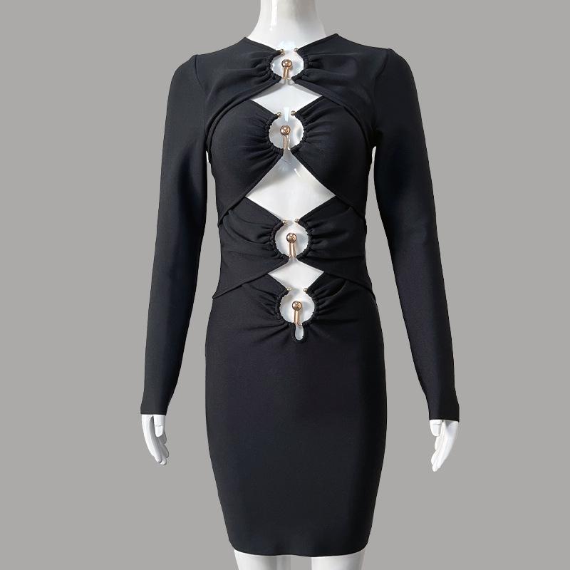 2023 Evropský a Americký Styl Dutý Design Crop Top Obvazové Šaty - Dlouhý Rukáv Bodycon Večerní Šaty pro Ženy