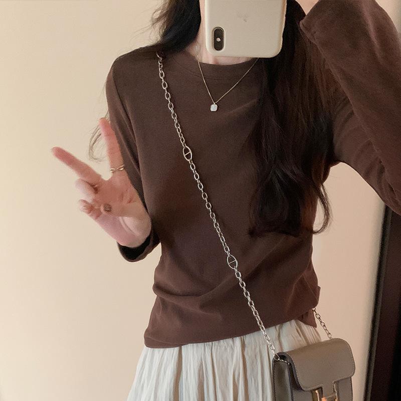 Tricou simplu cu gât rotund, culoare uni, mânecă lungă, față-verso, din catifea germană, pentru femei, toamnă și iarnă, stil nou, periat, slim fit, top versatil