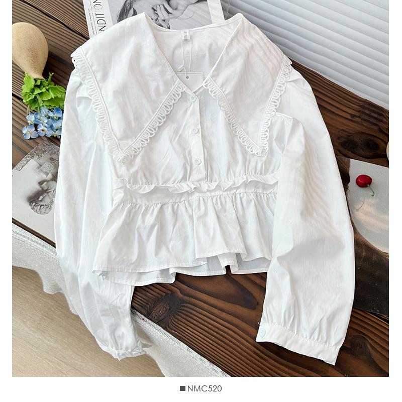 

Милая кукольная рубашка с кружевной каймой и оборками по краям, женская блузка с рукавами-фонариками, повседневный универсальный топ на каждый день One Size белый