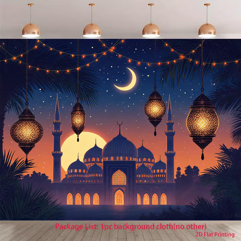 

2D Islamic Ramadan Backdrop Mosque Night Lantern Palm Tree Crescent Moon Background for Photoshoot 47.2x31.5inch/120*80cm